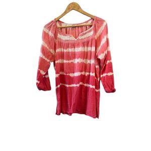 ALIA Coral Striped Lightweight Cotton Crew Neck 3/4 Sleeve Top L